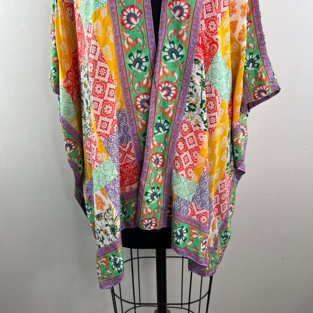TOLANI Collection Raelyn Kimono Patchwork Open Front Colorful Boho Cardigan 1XP - Picture 4 of 10